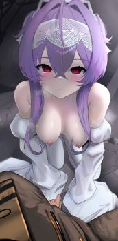 1boy 1girl absurdres all_fours blush breasts brown_pants brown_shirt cleavage closed_mouth commander_(nikke) commentary crossed_bangs detached_sleeves dress english_commentary goddess_of_victory:_nikke hair_between_eyes hair_intakes headpiece hetero highres liberalio_(nikke) long_hair long_sleeves looking_at_viewer medium_breasts military_uniform nipples pants pantyhose pov purple_hair red_eyes shirt sidelocks sitting sleeves_past_fingers sleeves_past_wrists solo_focus uzzy2801 veins veiny_breasts white_dress white_pantyhose