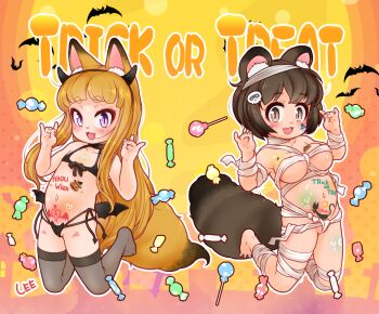 2girls :3 animal_ear_fluff animal_ears arms_up artist_name bandages barefoot bikini black_bikini black_thighhighs blonde_hair blush body_writing breasts brown_eyes brown_hair candy demon_wings double_fox_shadow_puppet fake_horns fake_wings fang feet flat_chest food fox_ears fox_girl fox_shadow_puppet fox_tail groin halloween halloween_costume horns kneeling komugi_(lee) large_breasts lee_(colt) loli lollipop long_hair micro_bikini miku_(lee) multiple_girls mummy_costume naked_bandage navel no_shoes open_mouth original pink_eyes pubic_tattoo raccoon_ears raccoon_girl raccoon_tail short_hair side-tie_bikini_bottom slit_pupils smile stomach swimsuit tail tattoo thighhighs thighs toes trick_or_treat wings