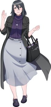 1girl absurdres black_bag black_coat black_eyes black_hair coat full_body grin hair_between_eyes highres jewelry kjech lapels leather_coat medium_hair necklace notched_lapels purple_shoes purple_sweater red_lips ribbed_sweater ryoba_aishi semi-transparent shoes skirt smile solo sweater turtleneck turtleneck_sweater waving white_skirt yandere_simulator