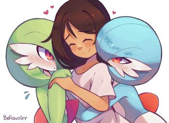 3girls ^_^ alternate_color artist_name artist_self-insert bella_(bellavoirr) bellavoirr blue_hair blue_skin blush bob_cut breasts brown_hair closed_eyes closed_mouth collarbone colored_skin dark-skinned_female dark_skin female_focus flat_chest flying_sweatdrops gardevoir gen_3_pokemon girl_sandwich green_hair green_skin hair_over_one_eye hand_up happy heart highres holding_hands hug hug_from_behind interspecies long_hair looking_at_another multicolored_skin multiple_girls nintendo nose_blush open_mouth original pokemon pokemon_(creature) pokephilia red_eyes sandwiched shiny_and_normal shiny_pokemon shiny_skin shirt short_hair short_sleeves shy sidelocks signature simple_background small_breasts smile sweat two-tone_skin upper_body white_background white_shirt white_skin yuri