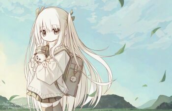 1girl backpack bag black_eyes bunny_girl_(yuuhagi_(amaretto-no-natsu)) closed_mouth commentary_request dot_mouth grey_bag grey_skirt grey_thighhighs holding holding_stuffed_toy long_hair long_sleeves miniskirt original outdoors pleated_skirt puffy_long_sleeves puffy_sleeves randoseru shirt skirt sky solo stuffed_animal stuffed_toy thighhighs two_side_up very_long_hair watermark white_hair white_shirt yuuhagi_(amaretto-no-natsu)