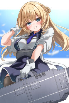 Rule 34 | 1girl, blonde hair, blue eyes, blue necktie, blurry, blurry background, blush, braid, braided bun, breasts, briefcase, brown hair, day, dress, flight deck, gloves, hair bun, highres, kantai collection, kasashi (kasasi008), long hair, looking at viewer, medium breasts, necktie, ocean, outdoors, ranger (kancolle), side braids, single side bun, smile, solo, thighhighs, two-tone dress, water, white gloves