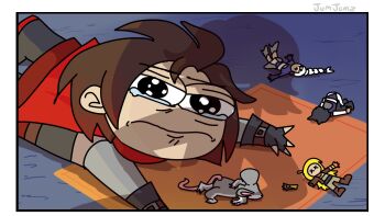 1girl apu_spills_his_tendies_(meme) artist_name black_eyes black_hair blake_belladonna character_doll crying darkereve doll fingerless_gloves gloves highres hood looking_at_viewer lying meme red_hair ruby_rose rwby shadow short_hair tears wavy_mouth weiss_schnee x_x yang_xiao_long