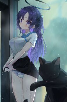 1girl alternate_costume black_cat black_skirt blue_archive blue_bra blue_necktie bra bra_visible_through_clothes breasts cat closed_mouth halo lace lace-trimmed_panties lace_trim large_breasts light_blush long_hair looking_at_viewer mechanical_halo necktie panda_90321 panties parted_bangs pencil_skirt purple_eyes purple_hair rain see-through_clothes see-through_shirt shirt short_sleeves sidelocks skirt solo thighs underwear wet wet_clothes white_panties white_shirt wringing_clothes wringing_skirt yuuka_(blue_archive)