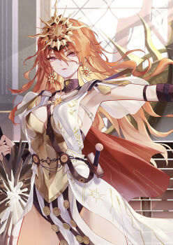 1girl absurdres ancient_greek_clothes arm_armor armor augusta_(wuthering_waves) black_collar breastplate breasts chigusa7h closed_mouth collar commentary covered_navel cowboy_shot dress earrings greatsword greco-roman_clothes hair_between_eyes headgear highres holding holding_sword holding_weapon jewelry looking_at_viewer medium_breasts red_eyes sheath solo sun_earrings sword thighs throne_room weapon white_dress wuthering_waves