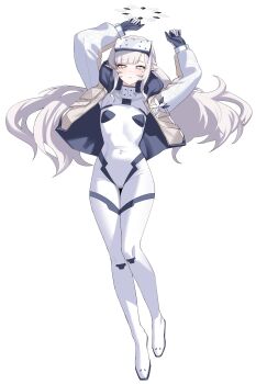 Rule 34 | 1girl, absurdres, black halo, blue archive, bodysuit, breasts, covered navel, earclip, full body, goggles, halo, head-mounted display, highres, himari (armed) (blue archive), himari (blue archive), impossible bodysuit, impossible clothes, mole, mole under eye, multicolored halo, official alternate costume, official alternate hairstyle, plentyofempty, pointy ears, simple background, ski goggles, small breasts, solo, two-tone halo, white background, white bodysuit, white hair, white halo