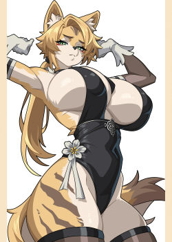 1girl :&lt; absurdres alternate_costume animal_ear_fluff animal_ears arms_up black_leotard black_thighhighs breasts cat_ears cat_girl cat_tail closed_mouth elbow_gloves furry furry_female gloves green_eyes highres huge_breasts leotard long_hair looking_at_viewer low_ponytail multicolored_fur pillarboxed ponytail potatoartox pulchra_fellini shiny_skin simple_background solo standing stellar_blade tail thighhighs white_gloves yellow_fur yorha_unofficial_ceremonial_attire_(stellar_blade) zenless_zone_zero