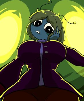 1girl alien antennae black_eyes blush_stickers borrowed_character breasts brown_jacket buttons colored_sclera from_below fur-trimmed_jacket fur_trim green_background hand_on_own_cheek hand_on_own_face jacket large_breasts looking_at_viewer original pov quarium short_hair solo teeth thick_eyebrows yellow_sclera