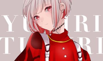 1girl barbell_piercing character_name closed_mouth colored_inner_hair ear_piercing expressionless grey_background grey_hair highres industrial_piercing link!_like!_love_live! looking_at_viewer love_live! multicolored_hair piercing red_hair red_shirt roku_aya_fuyu shirt short_hair sidelocks solo split_mouth streaked_hair text_background turning_head two-tone_hair upper_body virtual_youtuber yugiri_tsuzuri