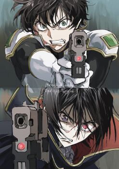 2boys absurdres black_cape black_hair blood blood_on_face cape clenched_teeth code_geass english_text geass green_eyes gun hair_between_eyes heterochromia high_collar highres holding holding_gun holding_weapon kururugi_suzaku lelouch_vi_britannia male_focus mashiro_andy multiple_boys purple_eyes red_eyes shaded_face teeth twitter_username upper_body weapon