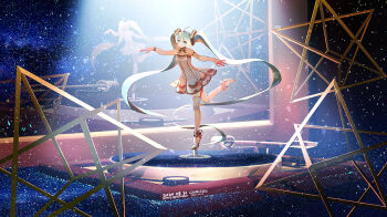 1girl absurdly_long_hair ahoge armlet asymmetrical_legwear ballerina ballet_slippers bracelet breasts chris4708 commentary_request dress gold_armlet gold_bracelet gramophone_miku green_eyes green_hair hatsune_miku jewelry long_hair medium_breasts miku_symphony_(vocaloid) official_alternate_costume official_alternate_hairstyle single_thighhigh smile solo standing standing_on_one_leg strapless strapless_dress thighhighs twintails very_long_hair vocaloid white_dress white_thighhighs