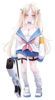 1girl absurdres ahoge asymmetrical_legwear bare_shoulders blonde_hair blue_choker blue_eyes blue_ribbon blue_sailor_collar blue_skirt blush breasts choker cleavage eyelashes full_body hair_ribbon head_tilt highres huge_breasts kneehighs long_hair long_sleeves madan_(kkh8936) miniskirt mole mole_on_breast mole_under_eye neckerchief off-shoulder_shirt off_shoulder oppai_loli original pleated_skirt red_neckerchief ribbon sailor_collar school_uniform see-through_clothes serafuku shirt shoes simple_background single_kneehigh single_sock single_thighhigh skirt sleeves_past_fingers sleeves_past_wrists socks solo standing sweat thigh_strap thighhighs twintails veins veiny_breasts very_long_hair weapon white_background white_shirt white_shoes