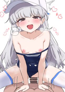 1boy 1girl absurdres bar_censor bare_arms bare_shoulders baseball_cap blue_one-piece_swimsuit breasts breasts_out brown_eyes censored check_copyright clothes_pull collarbone copyright_request covered_navel cowgirl_position double_strap_slip half-closed_eyes hat hetero highres loli long_hair looking_at_viewer motion_lines nipples old_school_swimsuit oldsickkim one-piece_swimsuit open_mouth original penis pussy school_swimsuit sex simple_background skindentation small_breasts smile solo straddling strap_slip swimsuit thighhighs thighs trembling vaginal white_background white_hair white_hat white_thighhighs