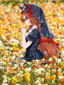 1girl animal_ears black_jacket black_skirt black_veil blush brown_eyes brown_hair closed_mouth commentary_request from_side highres horse_ears horse_girl horse_tail jacket long_hair mixed-language_commentary own_hands_clasped own_hands_together seiza shirt short_sleeves sitting skirt solo still_in_love_(umamusume) tail umamusume veil white_shirt zenbrush2