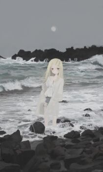 1girl absurdres belt black_belt blonde_hair boulder camisole collarbone commentary_request feet_out_of_frame gakuen_idolmaster grey_shorts grey_sky hair_ornament hairclip highres horizon idolmaster long_hair long_sleeves looking_at_viewer moon ocean open_clothes open_robe orange_eyes outdoors parallel_hairclips parted_bangs parted_lips robe rock shinosawa_hiro shorts sky solo standing timesoe wading water waves white_camisole white_robe wristband