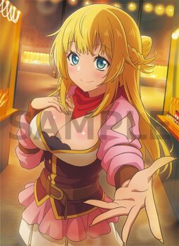 Rule 34 | 1girl, anime coloring, arm belt, blonde hair, blue eyes, blush, braid, breasts, closed mouth, corset, cowboy shot, festival, half up braid, large breasts, long hair, long sleeves, looking at viewer, night, open hand, outstretched arm, outstretched hand, overskirt, palms, reaching, reaching towards viewer, red corset, red overskirt, red scarf, rit (shin no nakama), scarf, shin no nakama janai to yuusha no party wo oidasareta no de henkyou de slow life suru koto ni shimashita, smile, solo, spread fingers, standing, very long hair, watanabe ruriko