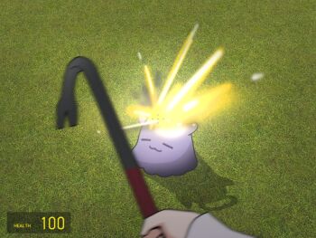 1other :3 =_= crowbar english_text grass half-life half-life_(series) half-life_2 heads-up_display highres holding holding_crowbar hololive hololive_english long_sleeves mascot motion_blur outdoors pov pov_hands rainee sparkle takodachi_(ninomae_ina'nis) user_interface virtual_youtuber