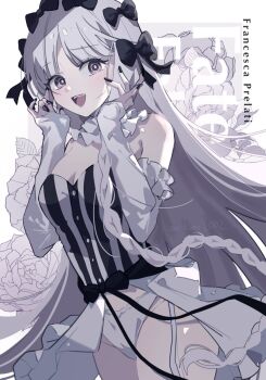 Rule 34 | 1girl, blush, bow, braid, collar, cowboy shot, fate/strange fake, fate (series), francesca prelati (fate), frilled collar, frills, garter straps, hair bow, hashtag-only commentary, highres, konikoni1002, long hair, looking at viewer, open mouth, purple eyes, ringed eyes, smile, solo, striped clothes, white hair