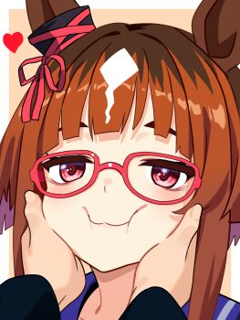 1girl 1other absurdres animal_ears bow brown_hair closed_mouth ear_ribbon glasses hands_on_another&#039;s_cheeks hands_on_another&#039;s_face heart highres horse_ears horse_girl looking_at_viewer red-framed_eyewear red_eyes red_ribbon reibun_(raven1119) ribbon school_uniform solo_focus tracen_school_uniform transcend_(umamusume) umamusume upper_body