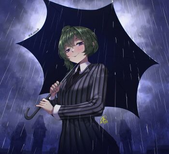 1girl the_addams_family artist_name black_jacket closed_mouth cosplay green_hair holding holding_umbrella jacket jk_arts looking_at_viewer nevermore_academy_school_uniform outdoors purple_eyes rain school_uniform smile solo sousou_no_frieren striped_clothes striped_jacket suit_jacket ubel_(sousou_no_frieren) umbrella vertical-striped_clothes vertical-striped_jacket wednesday_(netflix) wednesday_addams wednesday_addams_(cosplay)