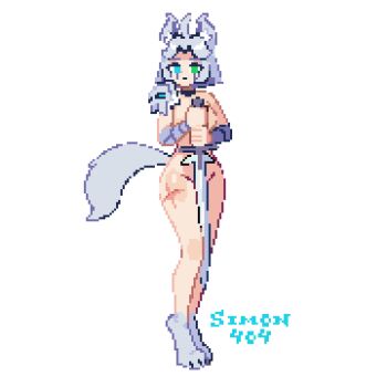 1girl animal_ear_fluff animal_ears artist_name blue_eyes breasts chocha_(sim0n404) choker commentary english_commentary full_body green_eyes heterochromia holding holding_sword holding_weapon no_pupils nude original pixel_art short_hair sim0n404 simple_background solo standing sword tail weapon white_background wide_hips wolf_ears wolf_girl wolf_paws wolf_tail