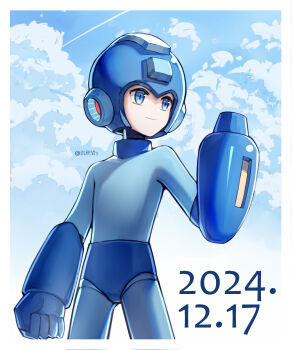 1boy absurdres arm_cannon blue_bodysuit blue_eyes bodysuit border chenjiyan_y closed_mouth cloud commentary_request cowboy_shot dated day helmet highres male_focus mega_man_(character) mega_man_(series) outdoors sky solo weapon white_border