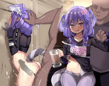 1boy 1girl against_wall ass atahuta black_sweater blue_eyes blush braid breasts clothes_lift dark-skinned_male dark_skin dragon_girl dragon_tail from_behind head_wings hetero heterochromia highres interspecies medium_breasts medium_hair navel nijisanji nijisanji_en pants penis pointy_ears purple_eyes purple_hair purple_pants selen_tatsuki selen_tatsuki_(1st_costume) sex shiny_skin shirt_lift sweater sweatpants tail twin_braids virtual_youtuber wings x-ray