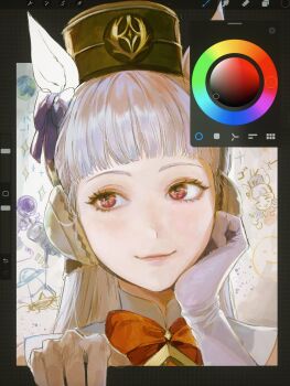 Rule 34 | animal ears, arrow (symbol), blunt bangs, bow, brown hat, closed mouth, color picker, ear bow, ear covers, fourth wall, gloves, gold ship (umamusume), grey hair, hand on own cheek, hand on own face, hat, highres, horse ears, horse girl, lips, long hair, looking to the side, neck ribbon, partially colored, pillbox hat, portrait, procreate (software), purple ribbon, red eyes, red ribbon, ribbon, seapall, smile, through medium, umamusume, white gloves