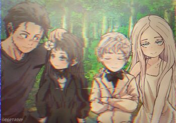 2boys 2girls alternate_universe black_dress black_eyes black_hair black_shirt blue_eyes bow bowtie child closed_eyes cortashy crossed_arms dress family forest glitch hair_ornament hands_on_own_hips highres jacket long_hair looking_at_viewer multiple_boys multiple_girls natsuki_subaru nature pandora_(re:zero) re:zero_kara_hajimeru_isekai_seikatsu sanpaku shirt short_hair smile static very_long_hair white_dress white_hair