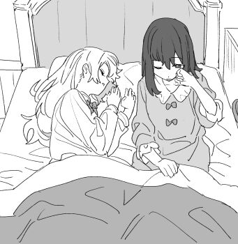 2girls alternate_costume bed commentary_request dress greyscale hakurei_reimu highres kirisame_marisa long_hair lying mero_(starfish_jcs) monochrome multiple_girls on_bed on_side pajamas sitting sleeping touhou under_covers