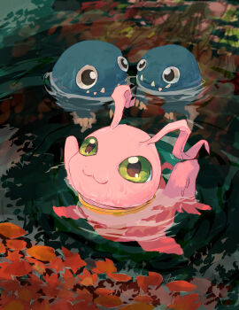 Rule 34 | 3others, antennae, aomon (yuuji7604), autumn, autumn leaves, digimon, digimon (creature), green eyes, highres, holy ring, leaf, looking up, marinangemon, multiple others, otamamon, pond, reflection, reflective liquid, sharp teeth, teeth, wings