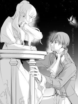 Rule 34 | 1boy, 1girl, ascot, balcony, bug, butterfly, dress, elf, frieren, greyscale, hair between eyes, hand in own hair, highres, himmel (sousou no frieren), insect, jacket, juliet sleeves, long dress, long hair, long sleeves, looking at another, mole, mole under eye, monochrome, night, parted bangs, pointy ears, ponytail, puffy sleeves, short hair, sidelocks, sky, sousou no frieren, white ascot, white dress, yui skyprism