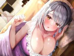 Rule 34 | 2girls, :o, apron, blurry, blurry background, blush, breasts, brown eyes, cleavage, collarbone, couch, frilled pajamas, grey hair, highres, indoors, large breasts, long hair, looking at viewer, lying, medium hair, multiple girls, non-web source, on couch, on side, open mouth, original, pajamas, pillow, pink apron, ponytail, purple pajamas, rouka (akatyann), shirt, sleepwear, sleeveless, solo focus, standing, under covers, white shirt