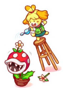 1girl animal_crossing black_eyes daisy_(flower) dog flower full_body furry furry_female green_skirt highres holding holding_watering_can isabelle_(animal_crossing) leaf looking_at_another mario_(series) nintendo open_clothes open_mouth parted_bangs piranha_plant plant pocket potted_plant red_ribbon ribbon shadow sharp_teeth short_sleeves simple_background skirt solid_oval_eyes standing standing_on_one_leg super_smash_bros. tail teeth upper_teeth_only watering_can white_background yanedx yellow_fur
