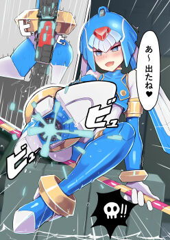 1boy 1girl absurdres aqua_bodysuit bar_censor blue_boots blue_eyes blue_headwear blue_sleeves blush bodysuit boots box censored colored_cum comic commentary_request crate cum cum_on_body cum_on_feet detached_sleeves ejaculation emphasis_lines fairy_leviathan_(mega_man) flood footjob full_body half-closed_eyes heart heart-shaped_pupils helmet hetero high_heel_boots high_heels highres holding holding_polearm holding_weapon humanoid_robot mega_man_(series) mega_man_zero_(series) on_box one-eyed open_mouth pantheon_(mega_man) penis pointless_censoring polearm red_eyes robot robot_penis shoe_soles shoejob sitting sitting_on_box smile spoken_skull symbol-shaped_pupils thigh_boots translation_request water weapon wet white_bodysuit yilan_un