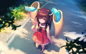 backpack bag black_hair black_ribbon commentary_request dappled_sunlight day flat_chest floating floating_object frilled_skirt frills from_above ghost grass hand_up hibi_tsuna highres kiritanpo_(food) knife_hair_ornament looking_at_viewer looking_up neck_ribbon nhk_(voiceroid) on_ground open_mouth outdoors oversized_food oversized_object perspective randoseru red_eyes red_shoes red_skirt ribbon road shade shoes short_hair short_sleeves skirt socks standing sunlight touhoku_kiritan tree twitter_username voiceroid white_socks