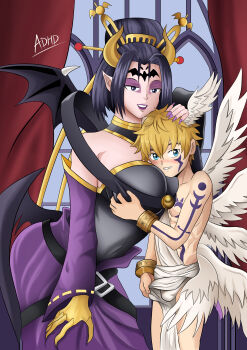 1boy 1girl age_difference angel_boy angel_wings artist_request black_hair blonde_hair blue_eyes blush bulge demon_girl demon_wings digimon digimon_(creature) grabbing_another&#039;s_breast groping hand_on_another&#039;s_head hetero lilithmon lucemon onee-shota shota tagme wings