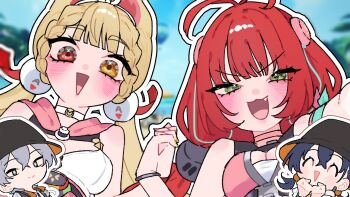 :&gt; :d alice_thymefield alice_thymefield_(sea_of_thyme) animal_ears antenna_hair beach belle_(summer_skies)_(zenless_zone_zero) belle_(zenless_zone_zero) blonde_hair blurry blurry_background blush bracelet green_eyes grey_hair hair_ornament heterochromia highres jewelry long_hair momico_co open_mouth panda_hat red_hair smile sphere_hair_ornament swimsuit ukinami_yuzuha ukinami_yuzuha_(tanuki_in_broad_daylight) wise_(peaceful_waves)_(zenless_zone_zero) wise_(zenless_zone_zero) zenless_zone_zero