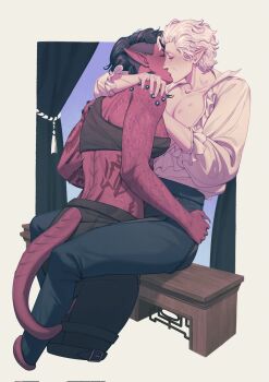 1boy 1girl astarion baldur's_gate baldur's_gate_3 bite_mark blush colored_skin commentary dungeons_&amp;_dragons dungeons_&amp;_dragons english_commentary highres karlach kiss lightm000 pointy_ears red_skin tail toned toned_female vampire white_hair