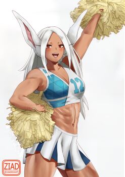 1girl abs alternate_costume animal_ears arm_up bikini blue_bikini blush boku_no_hero_academia breasts cheering cheerleader cleavage collarbone commentary cowboy_shot gradient_background grey_background grey_hair hand_on_own_hip highres holding holding_pom_poms long_eyelashes long_hair looking_at_viewer medium_breasts miniskirt mirko multicolored_bikini navel open_mouth pleated_skirt pom_pom_(cheerleading) pom_poms rabbit_ears rabbit_girl red_eyes signature skirt smile solo swimsuit twitter_username two-tone_bikini watermark white_bikini white_skirt ziadessart