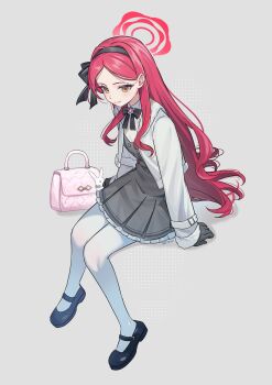 1girl ariko_(aaaaarik) bag bag_charm black_bow black_bowtie black_gloves black_hairband black_ribbon black_shoes blue_archive bow bowtie charm_(object) closed_mouth commentary english_commentary eyelashes gloves grey_background hairband halo highres invisible_chair jacket long_hair long_sleeves open_clothes open_jacket orange_eyes pantyhose red_hair ribbon shoes simple_background sitting solo takane_(blue_archive) very_long_hair white_jacket white_pantyhose