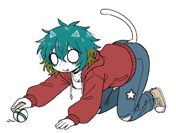 all_fours cat_tail denim full_body hood jeans messy_hair multicolored_hair o_o original pants scatterbralns shoes sneakers solo tail