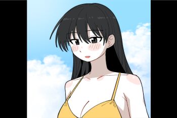 Rule 34 | 1girl, azumanga daiou, bikini, black eyes, black hair, blue sky, blush, breasts, cleavage, cloud, collarbone, day, hair between eyes, highres, large breasts, long hair, open mouth, orange bikini, outdoors, pillarboxed, sakaki (azumanga daioh), sky, solo, swimsuit, upper body, wujurana
