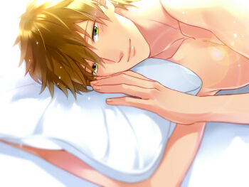 Rule 34 | 1boy, brown hair, commentary request, fingernails, free!, green eyes, light blush, looking at viewer, male focus, matsuo shin, nude, on bed, pillow, short hair, solo, tachibana makoto