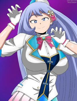 1girl artist_name blue_eyes blue_hair boku_no_hero_academia breasts closed_mouth discord_username gloves hado_nejire highres large_breasts long_hair looking_at_viewer matching_hair/eyes official_alternate_costume purple_background reddit_username smile sneakyklee very_long_hair white_gloves
