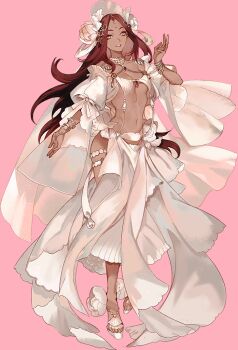 1girl bindi bracelet breasts cleavage dark-skinned_female dark_skin dress flower full_body hair_flower hair_ornament iron_saga jewelry long_hair navel necklace official_alternate_costume official_art revealing_clothes saroya_(iron_saga) small_breasts smile third-party_source transparent_background wedding_dress
