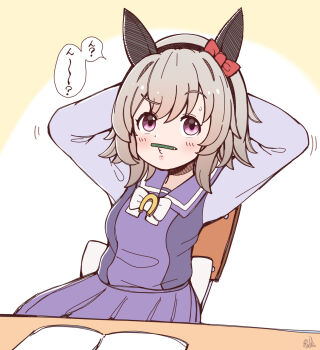 1girl animal_ears arms_behind_head blush book bow bowtie chair closed_mouth commentary_request cowboy_shot curren_chan_(umamusume) grey_hair highres horse_ears horse_girl long_sleeves looking_at_viewer open_book pencil_as_mustache pleated_skirt puckered_lips purple_shirt purple_skirt rakugakiraid red_bow school_chair school_uniform serafuku shirt short_hair sitting skirt solo tracen_school_uniform translation_request umamusume white_bow white_bowtie winter_uniform