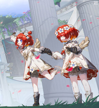 2girls absurdres ancient_greek_clothes angel_wings architecture asymmetrical_footwear black_boots blue_eyes blue_sky boots commentary_request cross-shaped_pupils dress falling_petals grass greco-roman_architecture greco-roman_clothes head_wreath highres holding_hands honkai:_star_rail honkai_(series) mismatched_footwear multiple_girls outdoors petals pointy_ears red_hair short_hair sky stone_pillar symbol-shaped_pupils tongyu tribbie_(honkai:_star_rail) trinnon_(honkai:_star_rail) white_boots white_dress winged_boots wings