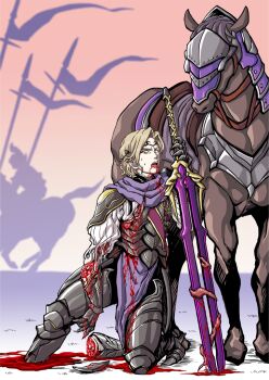 1boy 1other amputation amputee animal_ears armor artist_request blonde_hair blood blood_drip character_request defeat defeated_heroin fire_emblem fire_emblem_fates guro horse horse_ears intestines male_gore ryona soldier sword teeth tongue weapon