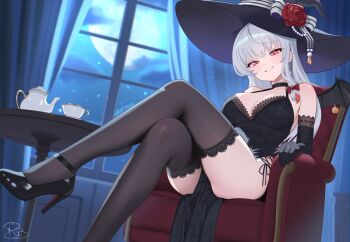 1girl absurdres black_dress black_gloves black_hat black_thighhighs blue_archive blush bow breasts chair cleavage cloud commentary criss-cross_strings crossed_legs cup curtains dress elbow_gloves english_commentary flower from_below full_moon gloves hair_bow halloween_costume halter_dress halterneck haruna_(blue_archive) hat hat_flower hat_ribbon head_tilt high_heels highres indoors lace lace-trimmed_dress lace-trimmed_gloves lace-trimmed_thighhighs lace_trim large_breasts large_hat legs long_hair looking_at_viewer moon moonlight night night_sky on_chair parted_lips pelvic_curtain red_eyes ribbon round_table royalbunny003 side-tie_dress sidelocks signature sitting sky solo table teacup teapot thighhighs thighs very_long_hair white_hair window wings witch_hat
